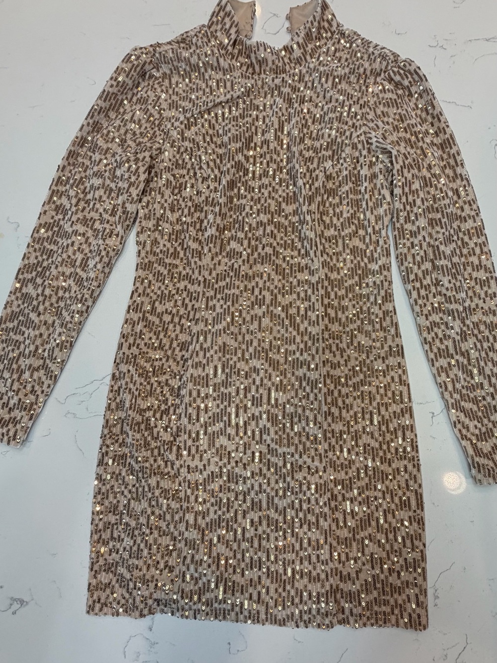 NWT Sequin High-Neck Long Sleeve Mini Dress - Champagne SIZE LARGE
